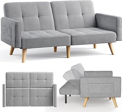 Gizoon 70.9" Sleeper Sofa Chair Bed, Futon Couch, Mid Century Modern Loveseat, Sectional Couches for Living Room, Bedroom, Apart, Office, 3-Level Adjustable Backrest, Light Gray