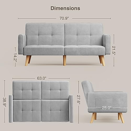 Gizoon 70.9" Sleeper Sofa Chair Bed, Futon Couch, Mid Century Modern Loveseat, Sectional Couches for Living Room, Bedroom, Apart, Office, 3-Level Adjustable Backrest, Light Gray