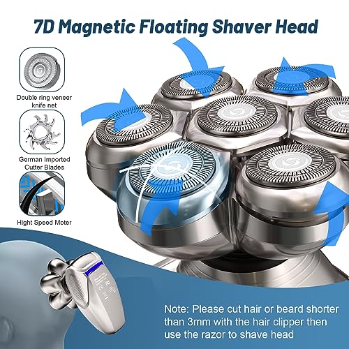 Magnetic Head Shavers for Bald Men - 7D Detachable Bald Head Shaver Adjustable Speed Men's Electric Razor Scalp Grooming Kit IPX7 Waterproof Wet Dry Shaving USB Type-C Rechargeable LED Display