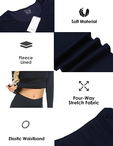 Ekouaer Thermal Underwear for Women Fleece Lined 2 PCS Long Johns Slim fit Top & Bottom Base Layer Navy Blue M