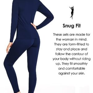 Ekouaer Thermal Underwear for Women Fleece Lined 2 PCS Long Johns Slim fit Top & Bottom Base Layer Navy Blue M