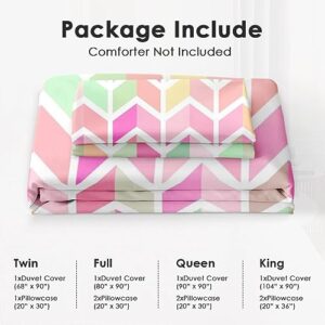 Duvet Cover King Size, Rainbow Colorful Geometric Pink Bedding Set with Zipper Closure for Kids and Adults, Zig Zag Modern Comforter Cover with 2 Pillow Shams for Bedroom Bed Decor