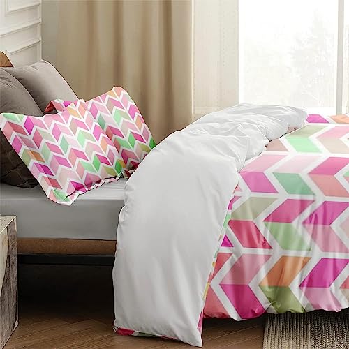 Duvet Cover King Size, Rainbow Colorful Geometric Pink Bedding Set with Zipper Closure for Kids and Adults, Zig Zag Modern Comforter Cover with 2 Pillow Shams for Bedroom Bed Decor