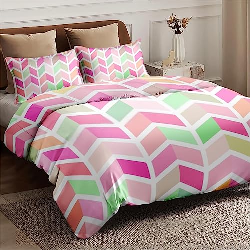 Duvet Cover King Size, Rainbow Colorful Geometric Pink Bedding Set with Zipper Closure for Kids and Adults, Zig Zag Modern Comforter Cover with 2 Pillow Shams for Bedroom Bed Decor