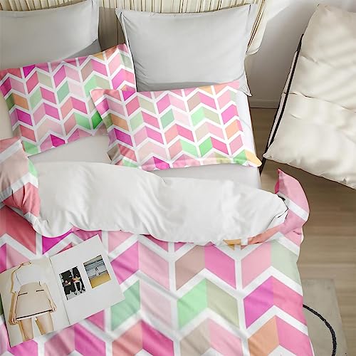 Duvet Cover King Size, Rainbow Colorful Geometric Pink Bedding Set with Zipper Closure for Kids and Adults, Zig Zag Modern Comforter Cover with 2 Pillow Shams for Bedroom Bed Decor