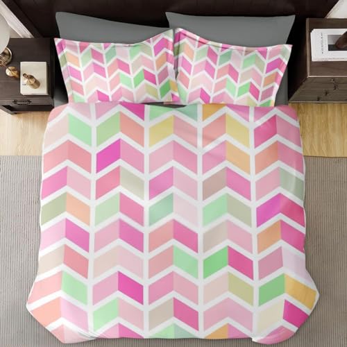 Duvet Cover King Size, Rainbow Colorful Geometric Pink Bedding Set with Zipper Closure for Kids and Adults, Zig Zag Modern Comforter Cover with 2 Pillow Shams for Bedroom Bed Decor