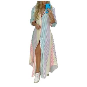 QSXLTS Fall Casual Long Sleeve Maxi Dresses for Women Loose Print Button Down Slit Shirt Dress for Party/Beach Rainbow