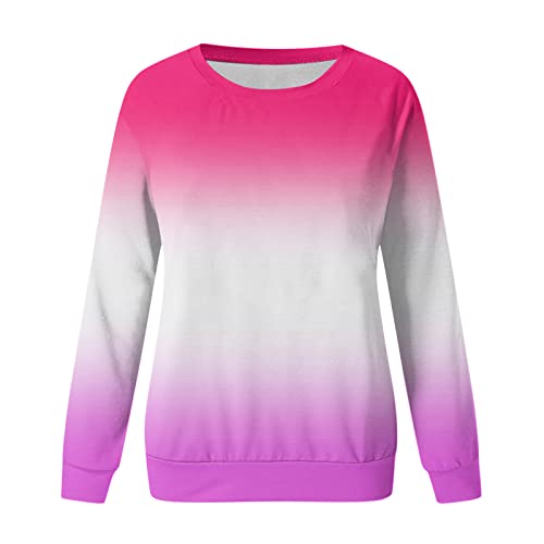 Womens Casual Round Neck Sweatshirt Long Sleeve Top Gradient Color Matching Pullover Loose Version (b-Hot Pink, M)