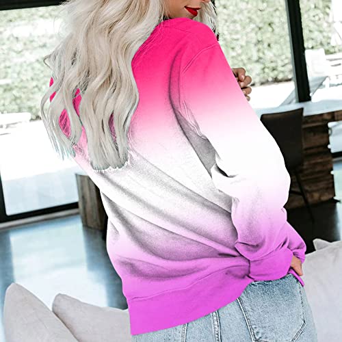 Womens Casual Round Neck Sweatshirt Long Sleeve Top Gradient Color Matching Pullover Loose Version (b-Hot Pink, M)