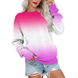 Womens Casual Round Neck Sweatshirt Long Sleeve Top Gradient Color Matching Pullover Loose Version (b-Hot Pink, M)