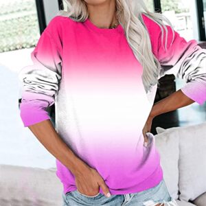 Womens Casual Round Neck Sweatshirt Long Sleeve Top Gradient Color Matching Pullover Loose Version (b-Hot Pink, M)