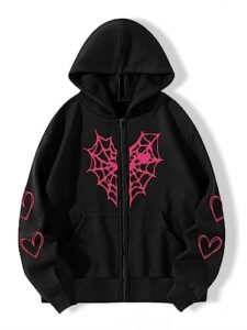 y2k gothic spider web heart-shaped print hoodied pullover punk zip up jacket coat harajuku loose oversized streetwear (black pink,s)