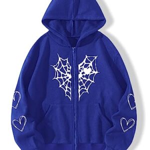 Y2K Gothic Spider Web Heart-shaped Print Hoodied Pullover Punk Zip Up Jacket Coat Harajuku Loose Oversized Streetwear (Black Pink,S)