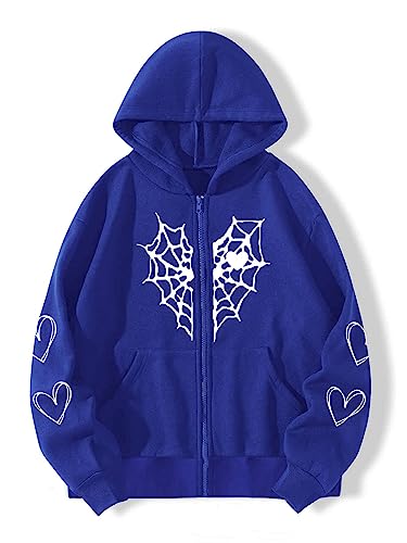 Y2K Gothic Spider Web Heart-shaped Print Hoodied Pullover Punk Zip Up Jacket Coat Harajuku Loose Oversized Streetwear (Black Pink,S)