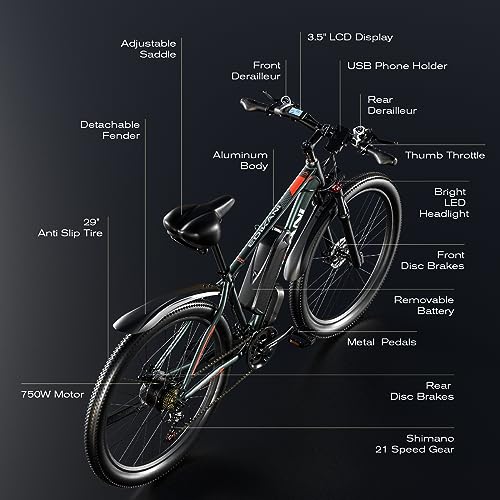 Electric Bikes for Adults, 27.5''/29'' Class 3 Ebike with 750w 48v Brushless Motor and 15Ah/16Ah Battery, 7/21-Speed Gear, 32mph Throttle, 35 Mileage, Pedal Assisted Electric Moped for Commuter