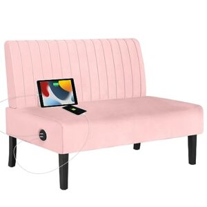 sthouyn 43" w mini small comfy couch armless loveseat sofa for bedroom with usb port, velvet pink small couches for small spaces living room, apartment office dorm (pink)