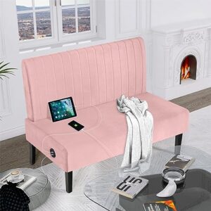 STHOUYN 43" W Mini Small Comfy Couch Armless Loveseat Sofa for Bedroom with USB Port, Velvet Pink Small Couches for Small Spaces Living Room, Apartment Office Dorm (Pink)