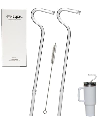 Lipzi - Anti Wrinkle Straw - Glass anti-wrinkle drinking straws for 40oz Tumbler, Clear Reusable Straws with Cleaning Brush - Eco-Friendly Alternative to Plastic - Cleaning Brush Included - 2 Pack