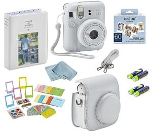 fujifilm mini 12 instant camera deluxe bundle: includes mini film value pack (60 shots) + 60 shots of film + 1 carrying case/strap + 1 bluebirdsales cleaning cloth + photoframe stickers (clay white)