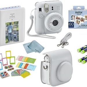 Fujifilm Mini 12 Instant Camera Deluxe Bundle: Includes Mini Film Value Pack (60 Shots) + 60 Shots of Film + 1 Carrying Case/Strap + 1 Bluebirdsales Cleaning Cloth + Photoframe Stickers (Clay White)