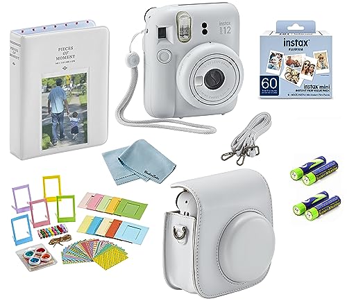 Fujifilm Mini 12 Instant Camera Deluxe Bundle: Includes Mini Film Value Pack (60 Shots) + 60 Shots of Film + 1 Carrying Case/Strap + 1 Bluebirdsales Cleaning Cloth + Photoframe Stickers (Clay White)