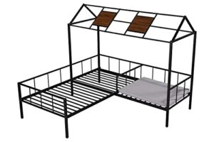 ridfy bed frames with seating area, modern twin platform bed frame with house roof, metal bedframe, camas mattress foundation/noise free/no box spring needed/easy assemble