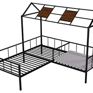 RIDFY Bed Frames with Seating Area, Modern Twin Platform Bed Frame with House Roof, Metal Bedframe, Camas Mattress Foundation/Noise Free/No Box Spring Needed/Easy Assemble