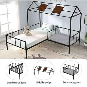 RIDFY Bed Frames with Seating Area, Modern Twin Platform Bed Frame with House Roof, Metal Bedframe, Camas Mattress Foundation/Noise Free/No Box Spring Needed/Easy Assemble