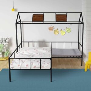 RIDFY Bed Frames with Seating Area, Modern Twin Platform Bed Frame with House Roof, Metal Bedframe, Camas Mattress Foundation/Noise Free/No Box Spring Needed/Easy Assemble