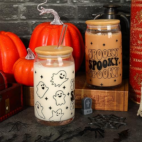 Whaline 2 Pack Halloween Glasses Cups Spooky Ghost Drinking Glasses 16oz Cute Halloween Ice Coffee Cup with Bamboo Lid and Straw Holiday Beer Glass Can for Cocktail Whiskey Beer Soda Decor Gifts
