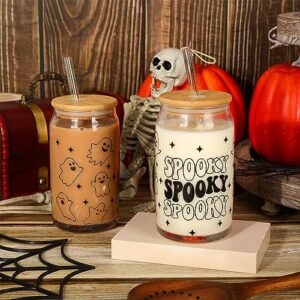 Whaline 2 Pack Halloween Glasses Cups Spooky Ghost Drinking Glasses 16oz Cute Halloween Ice Coffee Cup with Bamboo Lid and Straw Holiday Beer Glass Can for Cocktail Whiskey Beer Soda Decor Gifts