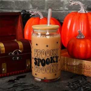 Whaline 2 Pack Halloween Glasses Cups Spooky Ghost Drinking Glasses 16oz Cute Halloween Ice Coffee Cup with Bamboo Lid and Straw Holiday Beer Glass Can for Cocktail Whiskey Beer Soda Decor Gifts