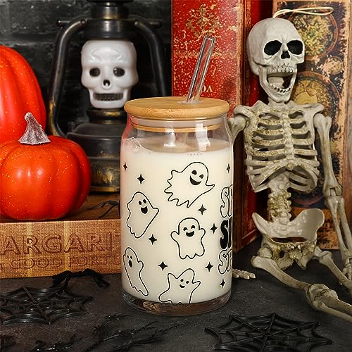 Whaline 2 Pack Halloween Glasses Cups Spooky Ghost Drinking Glasses 16oz Cute Halloween Ice Coffee Cup with Bamboo Lid and Straw Holiday Beer Glass Can for Cocktail Whiskey Beer Soda Decor Gifts