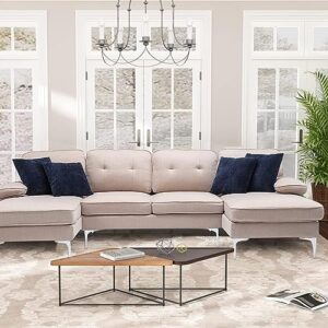 zugoni 110''sectional sofa u shaped sectional couch, large sectional couches with tufted for living room, comfy soft chaise sectional sofas, modern linen sectionals with 4 free throw pillows, beige