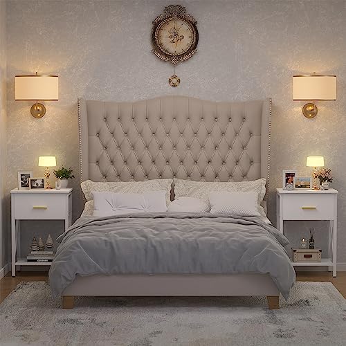 Ecoprsio Oversized Nightstands Set of 2, 26" Bedside Table with Charging Station, Modern End Side Table with X-Design, Tall Night Stand with Drawer and Shelf for Bedroom, Living Room, Sofa, White