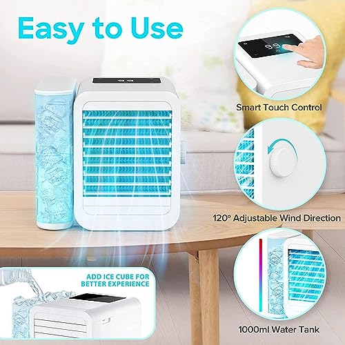 Portable Air Conditioner Fan: Evaporative Mini Air Cooler with 𝟳 𝗖𝗼𝗹𝗼𝗿𝘀, USB Personal Air Cooler Desktop Cooling Fan with 𝟭𝟬𝟬𝟬𝗺𝗹 𝗟𝗮𝗿𝗴𝗲 𝗪𝗮𝘁𝗲𝗿 𝗧𝗮𝗻𝗸 for Room Office Home