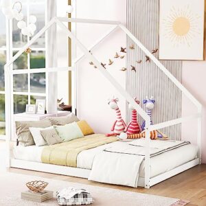 tensun full size wooden house bed with roof for toddlers,kids,girls, boys, bedroom children full floor bed frame,no box spring needed,white