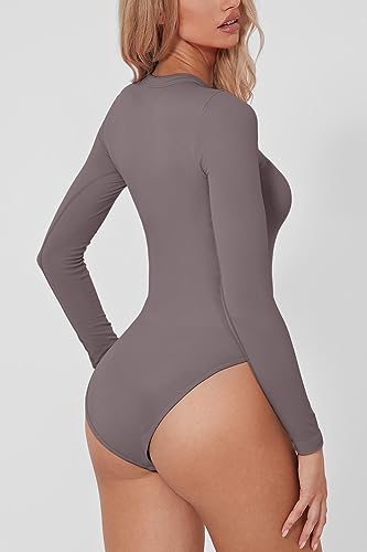 QINSEN Womens Sexy Casual Round Neck Double Lined Long Sleeve Slimming Going Out Top Bodysuits Ash Gray S