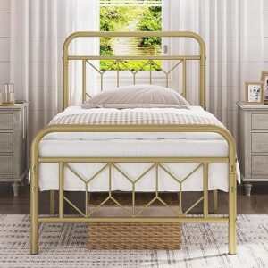 topeakmart twin bed frames metal platform bed with vintage style headboard/mattress foundation/no box spring needed/under bed storage/strong slat support antique gold twin bed