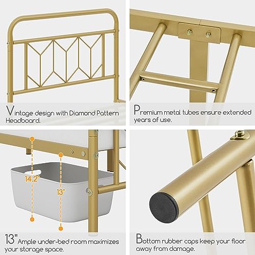 Topeakmart Twin Bed Frames Metal Platform Bed with Vintage Style Headboard/Mattress Foundation/No Box Spring Needed/Under Bed Storage/Strong Slat Support Antique Gold Twin Bed