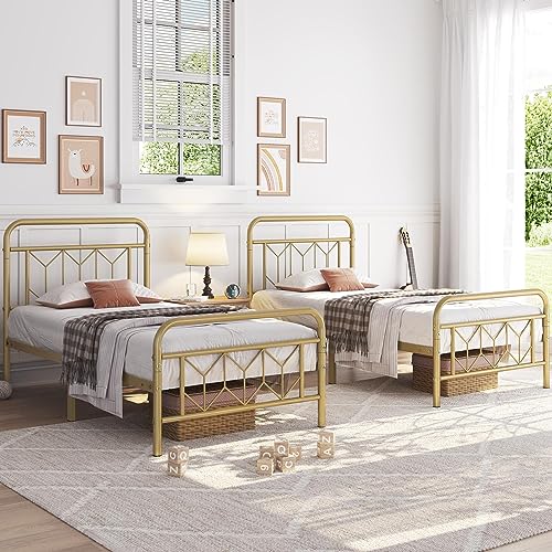 Topeakmart Twin Bed Frames Metal Platform Bed with Vintage Style Headboard/Mattress Foundation/No Box Spring Needed/Under Bed Storage/Strong Slat Support Antique Gold Twin Bed