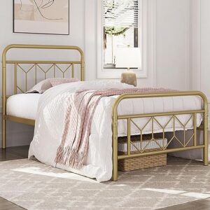 Topeakmart Twin Bed Frames Metal Platform Bed with Vintage Style Headboard/Mattress Foundation/No Box Spring Needed/Under Bed Storage/Strong Slat Support Antique Gold Twin Bed