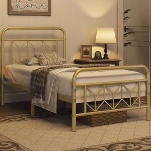 Topeakmart Twin Bed Frames Metal Platform Bed with Vintage Style Headboard/Mattress Foundation/No Box Spring Needed/Under Bed Storage/Strong Slat Support Antique Gold Twin Bed