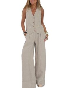 perbai womens v neck sleeveless crop vest wide leg pants sets 2 piece blazer suits summer matching sets(beige-s)