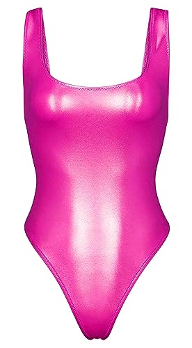 Metallic Swimwear for Women, Retro 70s One Piece Shiny Bathing Suit High Cut Rave Wear Disco Bodysuit (T043,Rose,M)