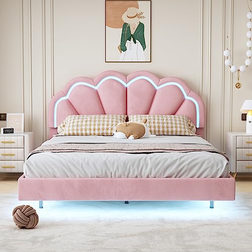 Merax Modern Upholstered Velvet Platform Bed with Led Wingback Headboard/No Box Spring Needed/Easy Assembly Queen, Pink