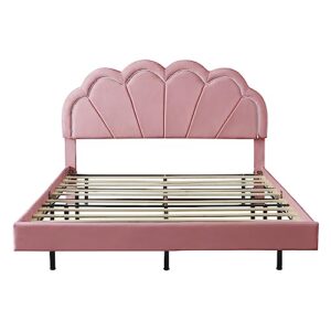 Merax Modern Upholstered Velvet Platform Bed with Led Wingback Headboard/No Box Spring Needed/Easy Assembly Queen, Pink