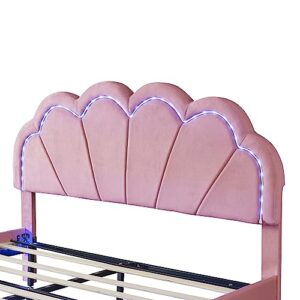 Merax Modern Upholstered Velvet Platform Bed with Led Wingback Headboard/No Box Spring Needed/Easy Assembly Queen, Pink