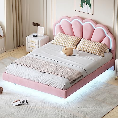 Merax Modern Upholstered Velvet Platform Bed with Led Wingback Headboard/No Box Spring Needed/Easy Assembly Queen, Pink