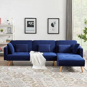 goohome 104.50" l shape sectional sofa, mid-century velvet upholstered convertible sleeper sofá bed w/chaise lounge, removable armrests,split back folding futon couches for living room, f-blue a